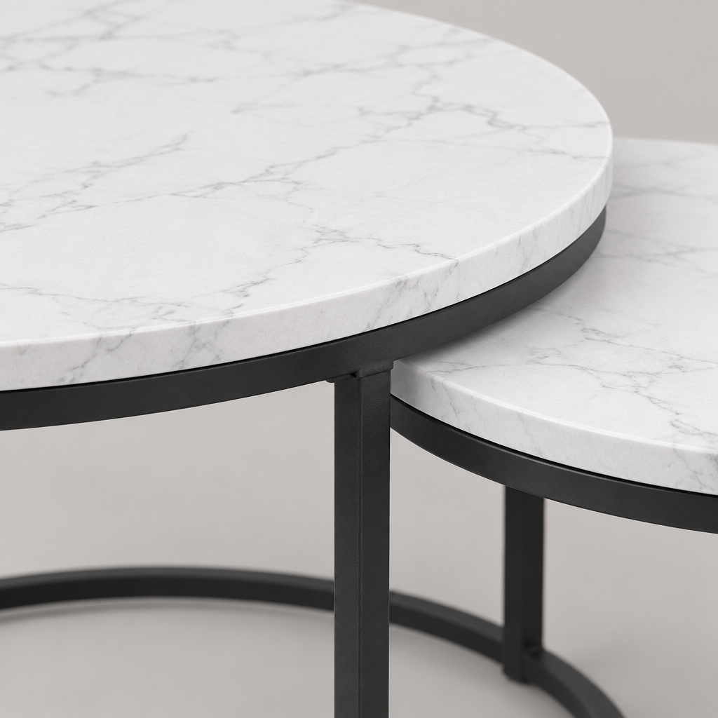 Nesting Coffee Table Set Of 2, 27.6inch Round Coffee Table Wood Marble Pattern Top With Sturdy Metal Frame, End Table Side Tables For Living Room Bedroom Balcony Yard White — studio detail
