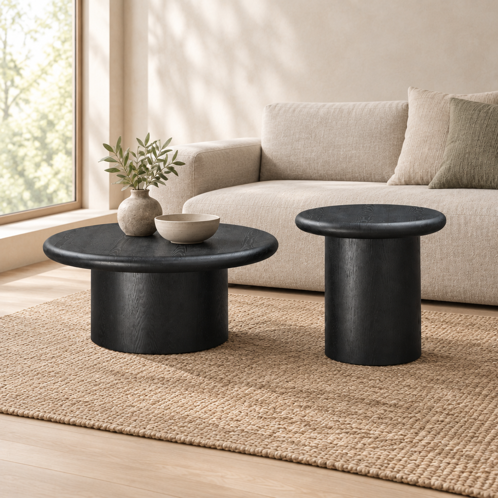 2-Piece Modern Round Coffee Table Set For Living Room,Easy Assembly Coffee Tables, End Side Tables For Leisure Area,Office,Black — living room three-quarter right