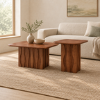2PCS Nesting Square Coffee Table Set for Living Room,Mid-Century Wavy Fluted Base Tables, End Side Tables for Leisure Area,Office,Brown — living room three-quarter right