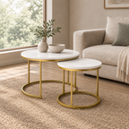 27.6in Nesting Coffee Table Set of 2, Round Coffee Table Wood Marble Pattern Top with Sturdy Metal Frame, End Table Side Tables for Living Room Bedroom Balcony Yard (White) — living room three-quarter right