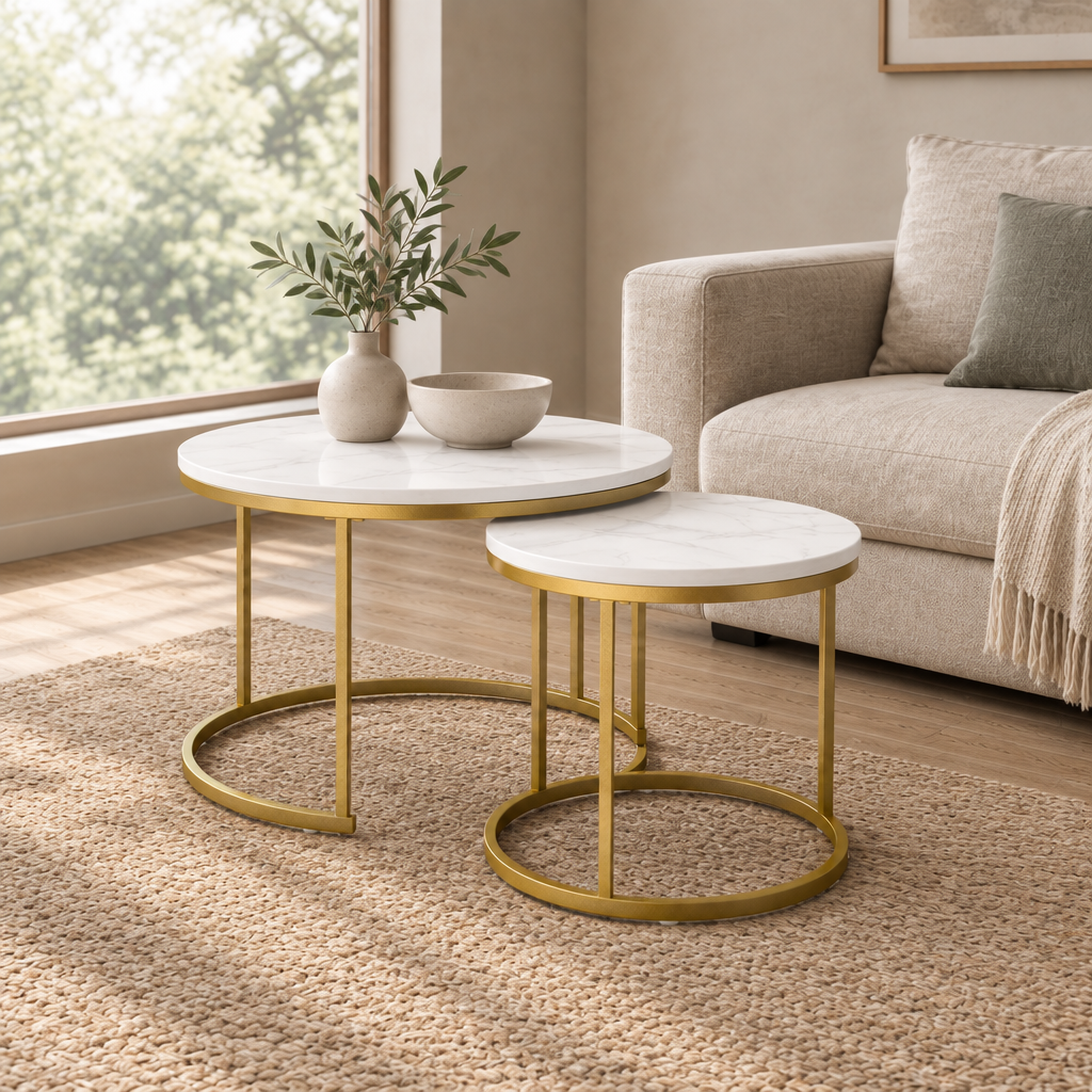 27.6in Nesting Coffee Table Set of 2, Round Coffee Table Wood Marble Pattern Top with Sturdy Metal Frame, End Table Side Tables for Living Room Bedroom Balcony Yard (White) — living room three-quarter right