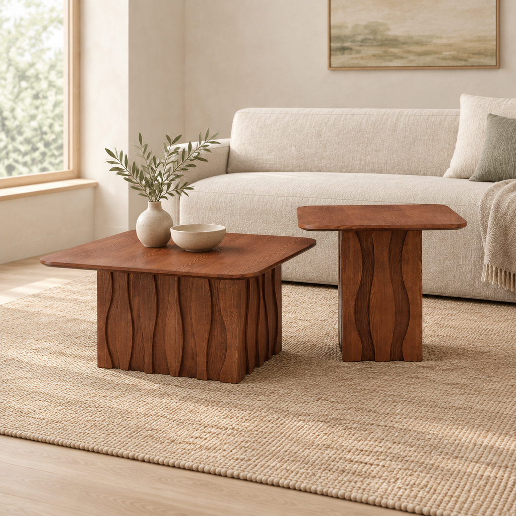 2PCS Nesting Square Coffee Table Set for Living Room,Mid-Century Wavy Fluted Base Tables, End Side Tables for Leisure Area,Office,Brown — living room three-quarter left