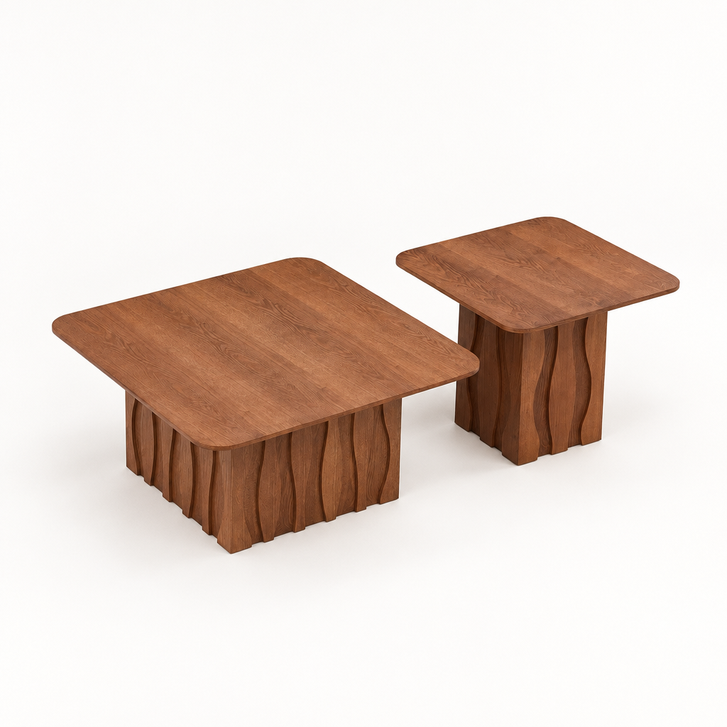 2PCS Nesting Square Coffee Table Set for Living Room,Mid-Century Wavy Fluted Base Tables, End Side Tables for Leisure Area,Office,Brown — studio three-quarter