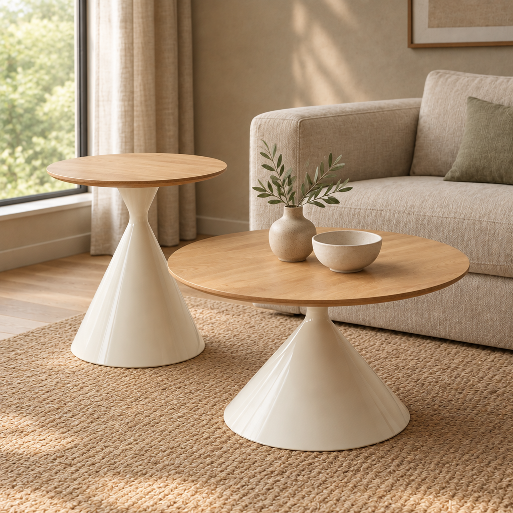 ROUND COFFEE TABLE WHITE WOOD — living room three-quarter right