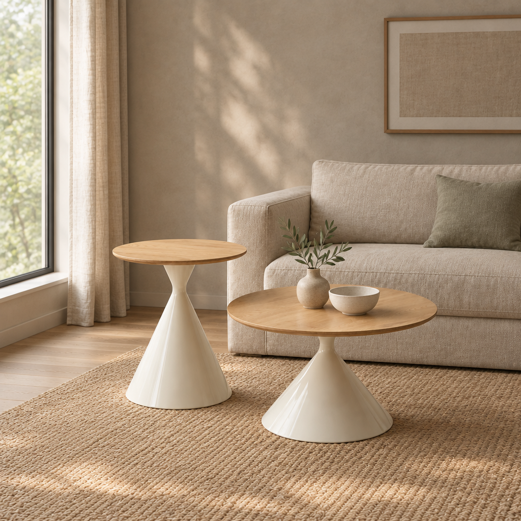 ROUND COFFEE TABLE WHITE WOOD — living room wide