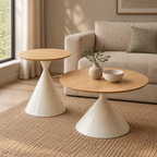 ROUND COFFEE TABLE WHITE WOOD — living room three-quarter left