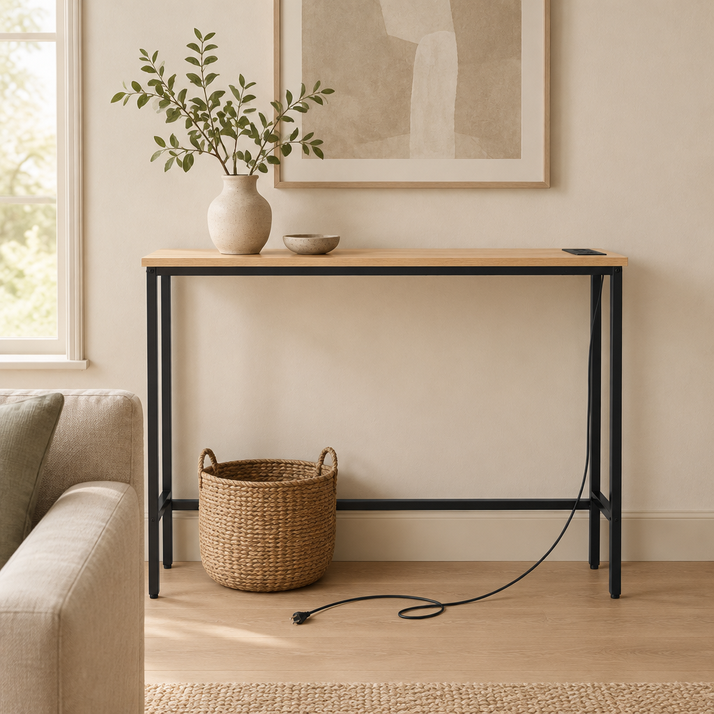 39.4" Narrow Console Sofa Table with Power Outlets and USB Ports, Skinny Couch Table with Metal Frame and Charge Station with 4.9ft Extension Cord, Oak — living room front