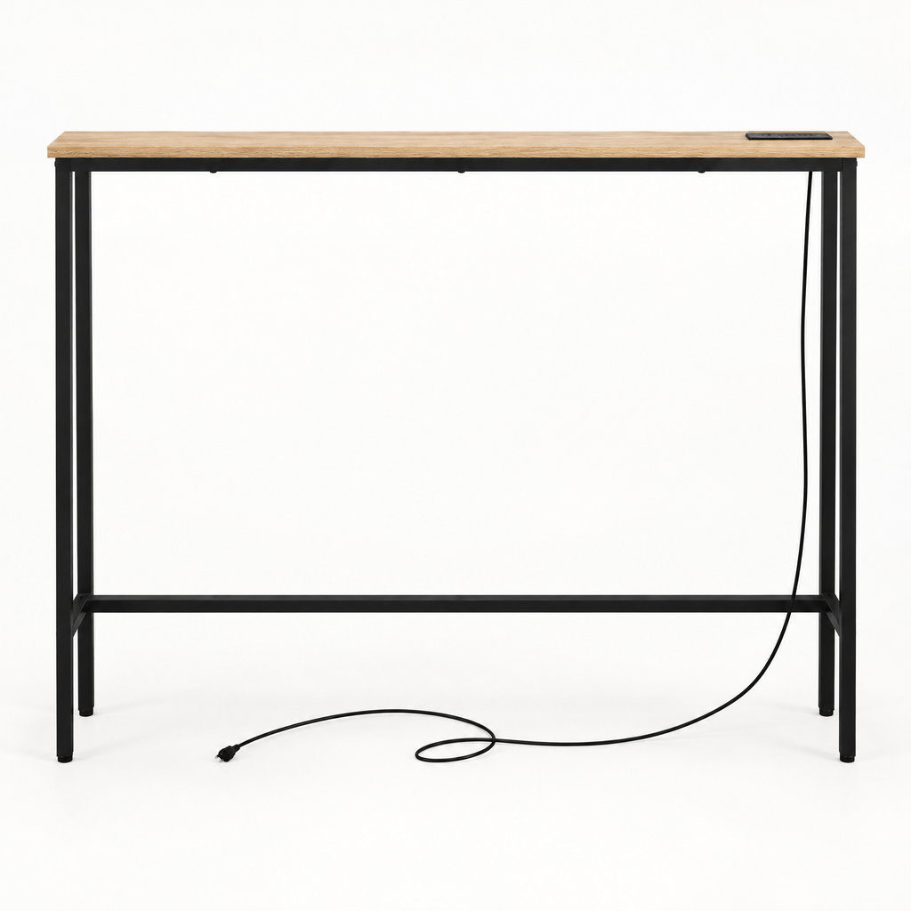 39.4" Narrow Console Sofa Table with Power Outlets and USB Ports, Skinny Couch Table with Metal Frame and Charge Station with 4.9ft Extension Cord, Oak — studio hero