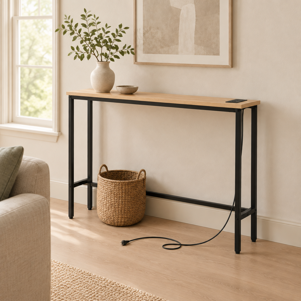39.4" Narrow Console Sofa Table with Power Outlets and USB Ports, Skinny Couch Table with Metal Frame and Charge Station with 4.9ft Extension Cord, Oak — living room three-quarter left