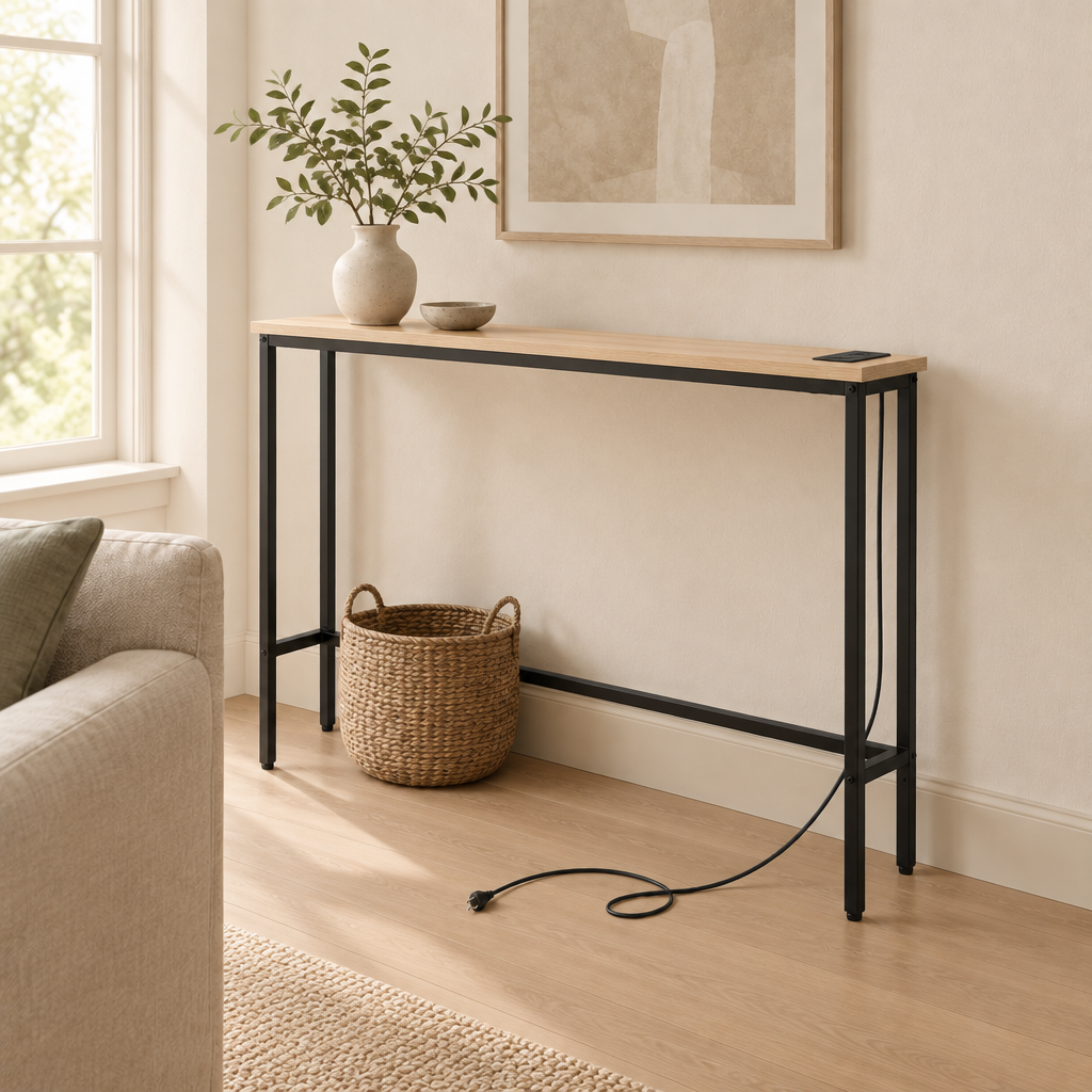 39.4" Narrow Console Sofa Table with Power Outlets and USB Ports, Skinny Couch Table with Metal Frame and Charge Station with 4.9ft Extension Cord, Oak — living room three-quarter right