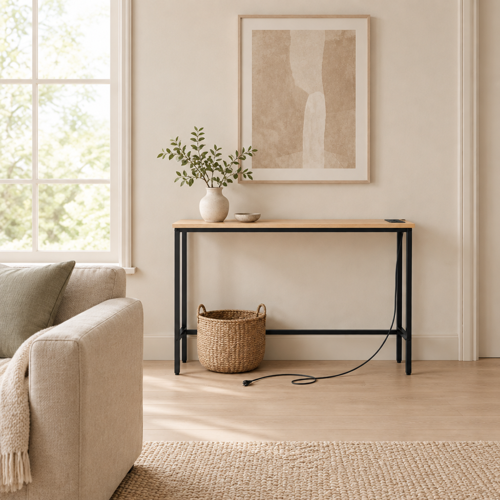 39.4" Narrow Console Sofa Table with Power Outlets and USB Ports, Skinny Couch Table with Metal Frame and Charge Station with 4.9ft Extension Cord, Oak — living room wide