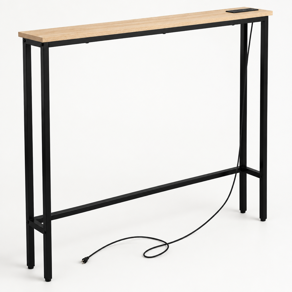 39.4" Narrow Console Sofa Table with Power Outlets and USB Ports, Skinny Couch Table with Metal Frame and Charge Station with 4.9ft Extension Cord, Oak — studio three-quarter
