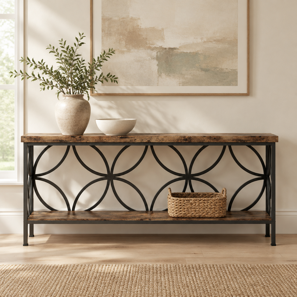 71" Industrial Console Sofa Table, Behind Couch – Rustic Brown — living room front