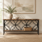 71" Industrial Console Sofa Table, Behind Couch – Rustic Brown — living room front
