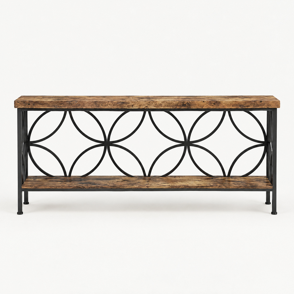 71" Industrial Console Sofa Table, Behind Couch – Rustic Brown — studio hero