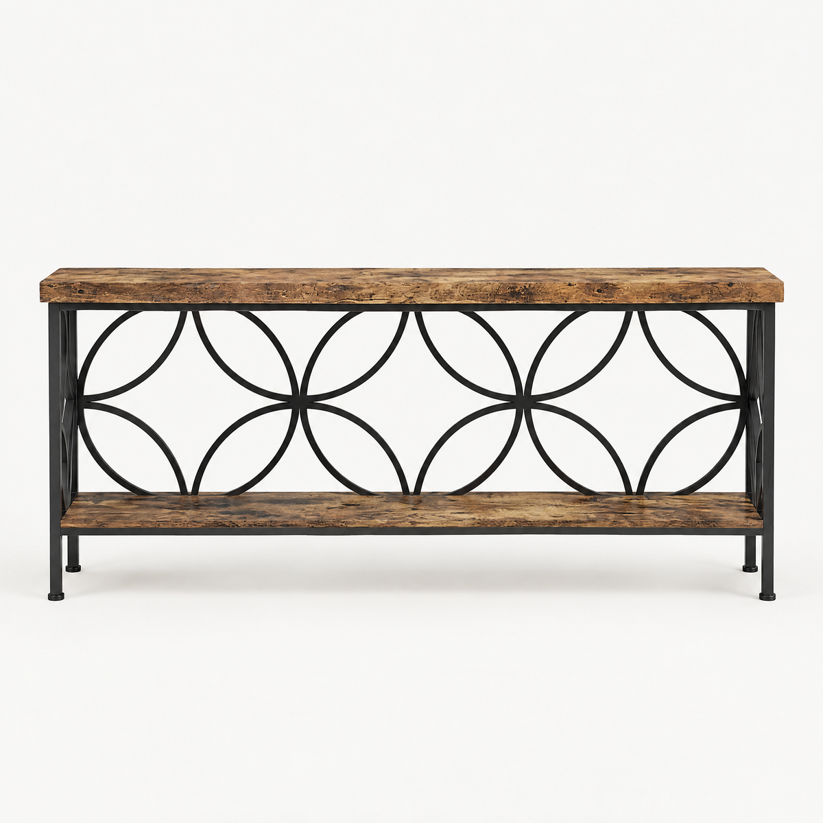 71" Industrial Console Sofa Table, Behind Couch – Rustic Brown — studio hero