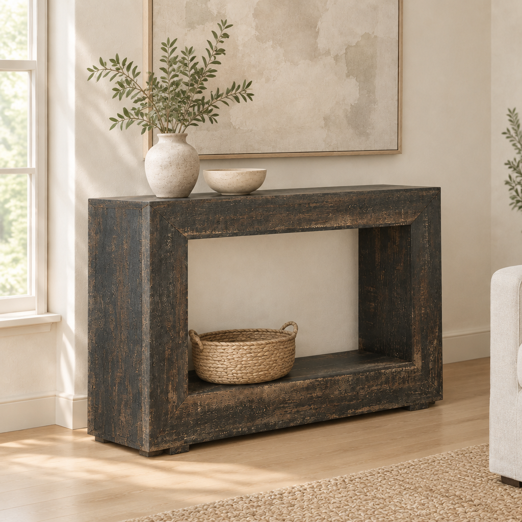 Long Console Table Living Room Table — living room three-quarter left