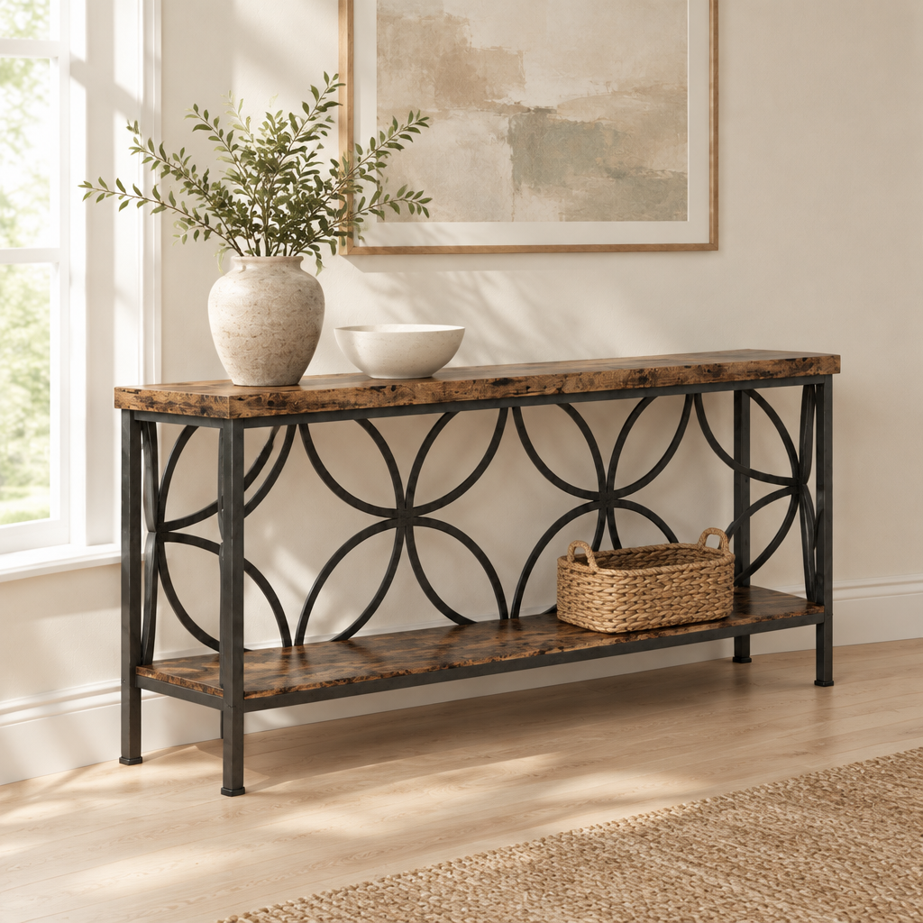 71" Industrial Console Sofa Table, Behind Couch – Rustic Brown — living room three-quarter left