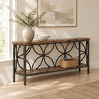 71" Industrial Console Sofa Table, Behind Couch – Rustic Brown — living room three-quarter left