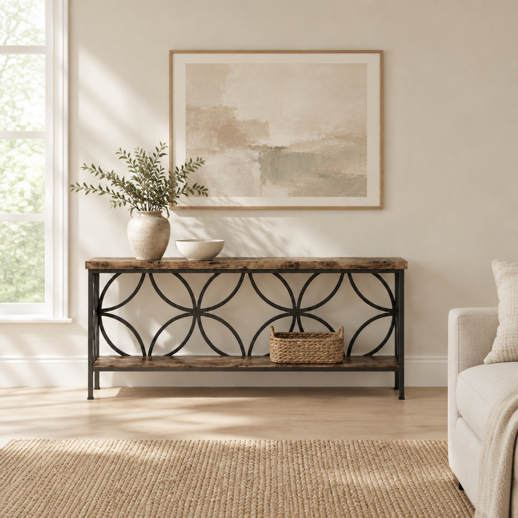 71" Industrial Console Sofa Table, Behind Couch – Rustic Brown — living room wide