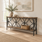 71" Industrial Console Sofa Table, Behind Couch – Rustic Brown — living room three-quarter right