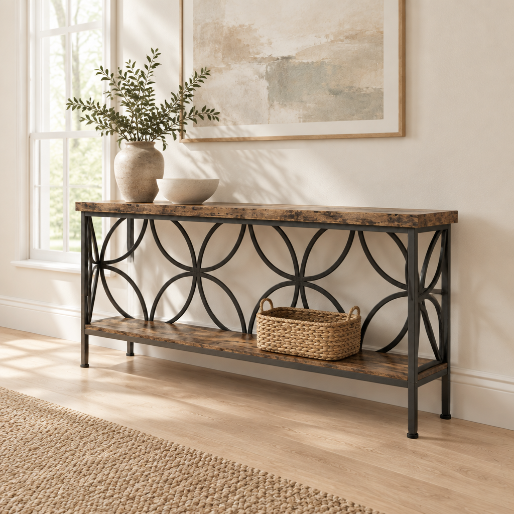 71" Industrial Console Sofa Table, Behind Couch – Rustic Brown — living room three-quarter right