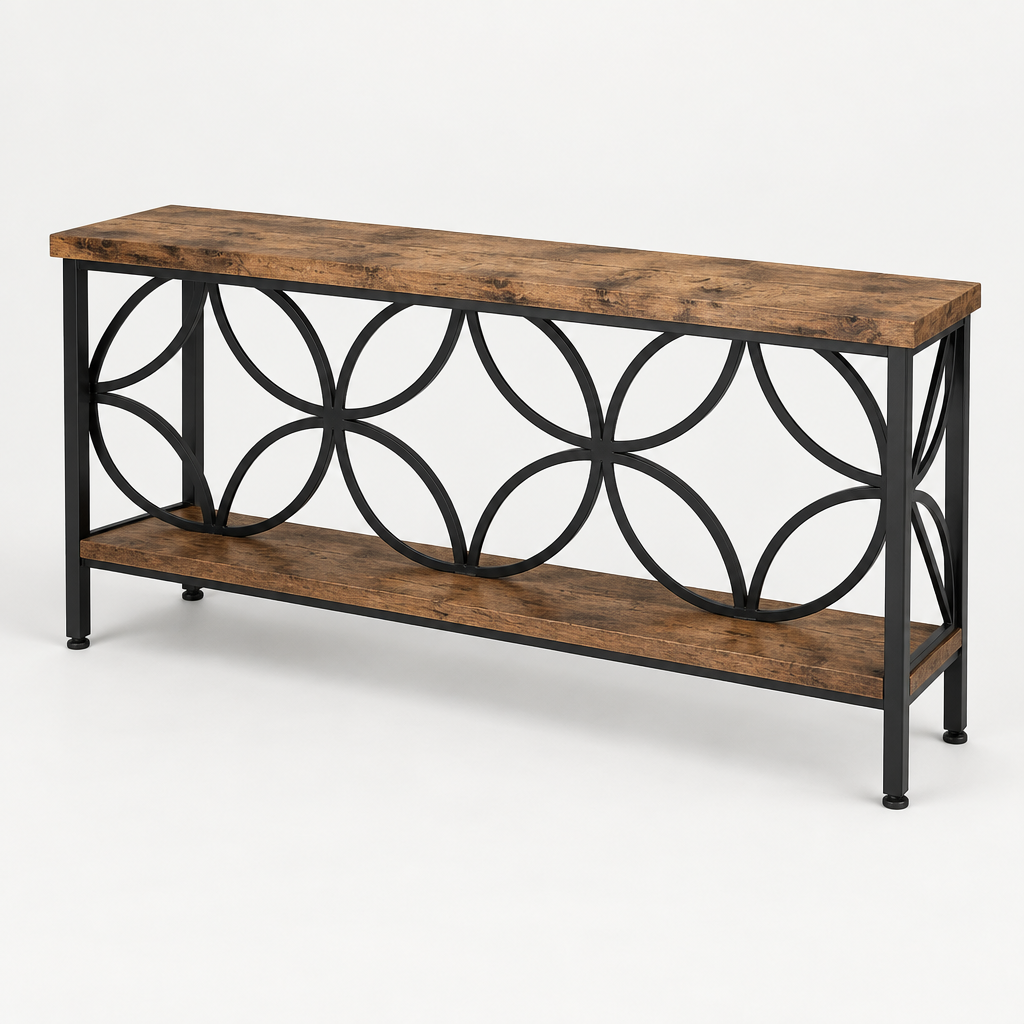 71" Industrial Console Sofa Table, Behind Couch – Rustic Brown — studio three-quarter