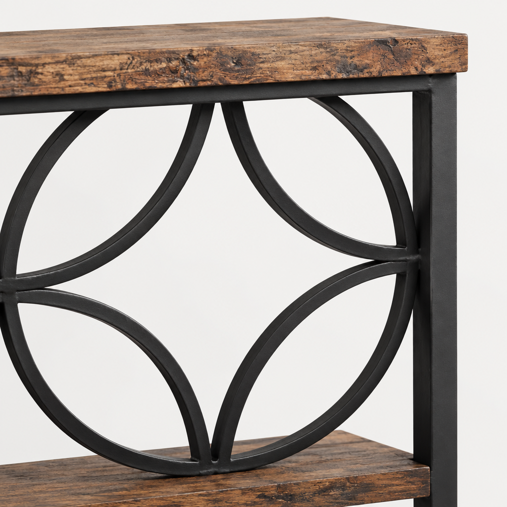 71" Industrial Console Sofa Table, Behind Couch – Rustic Brown — studio detail