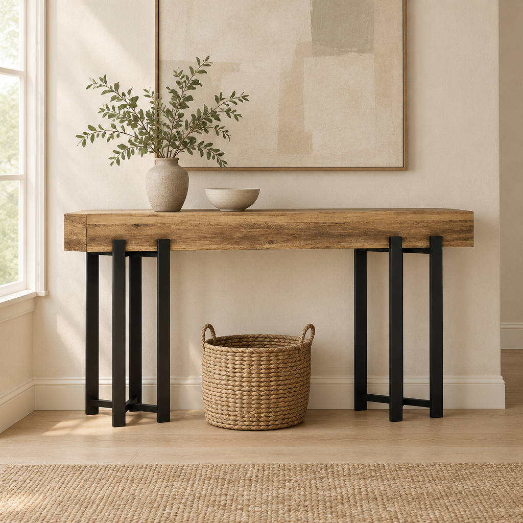 63" Industrial Console Table, Iron Legs – Rustic Brown — living room front