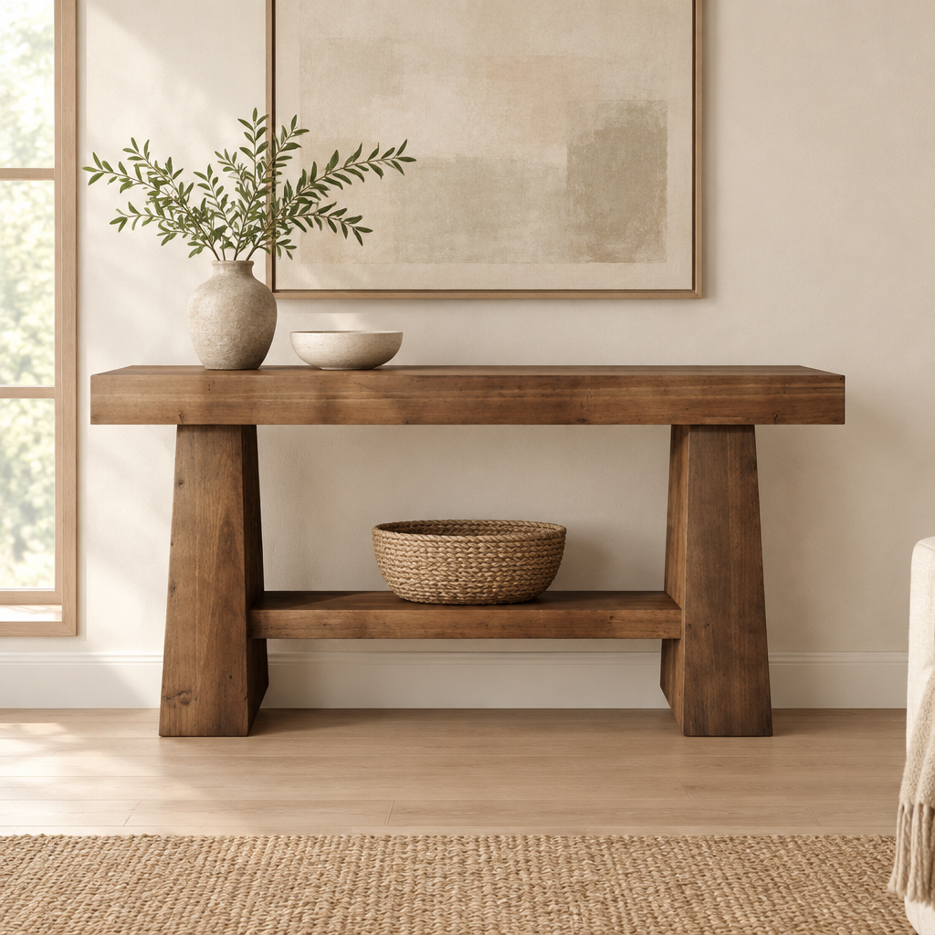 Solid Wood 2-Tier Console Table, Rustic – Natural — living room front