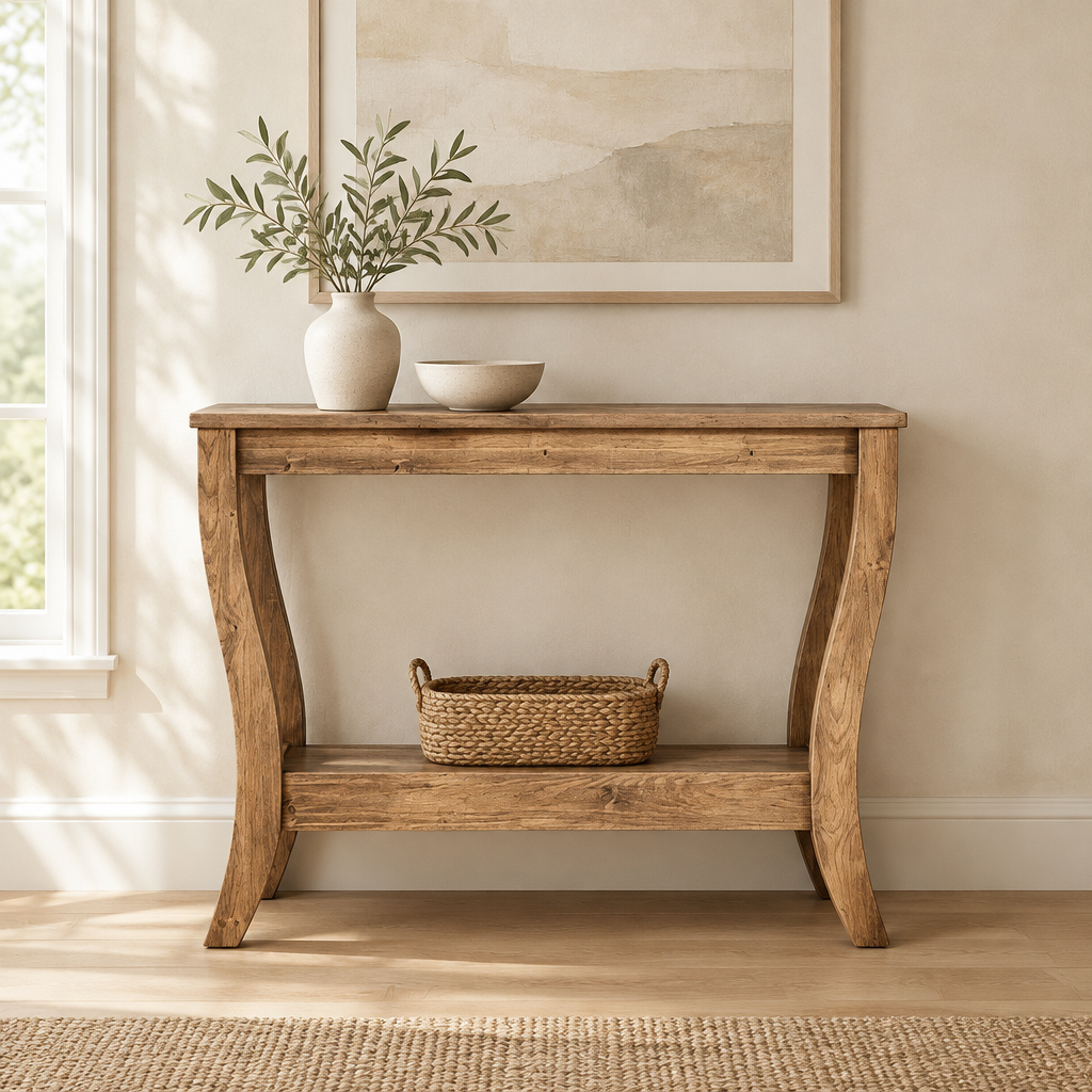 Solid Wood Console Table with Shelf, Farmhouse – Brown — living room front