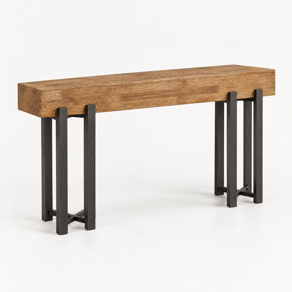 63" Industrial Console Table, Iron Legs – Rustic Brown — studio hero