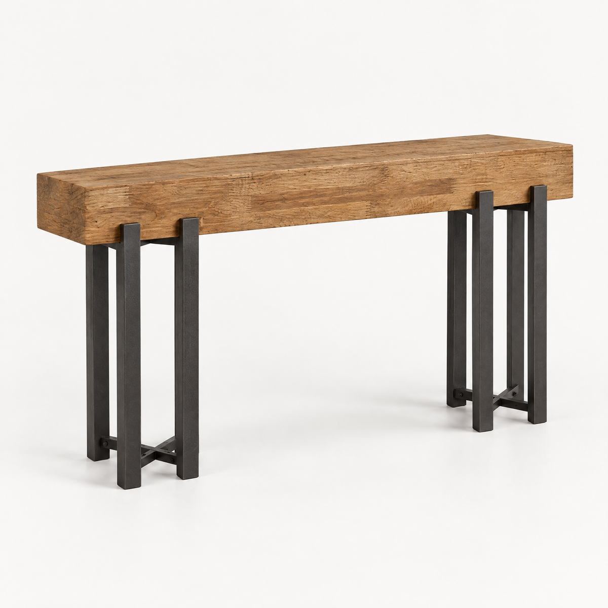 63" Industrial Console Table, Iron Legs – Rustic Brown — studio hero