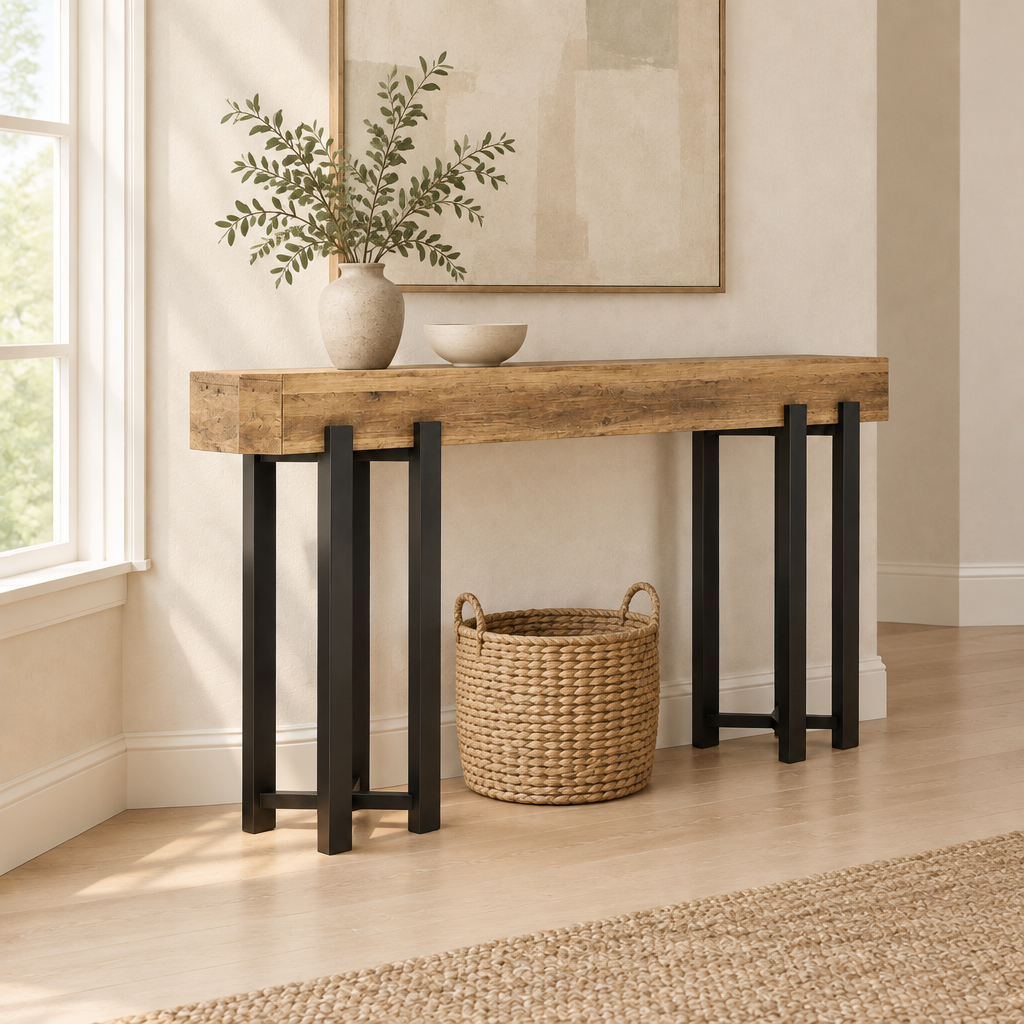 63" Industrial Console Table, Iron Legs – Rustic Brown — living room three-quarter left
