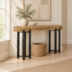 63" Industrial Console Table, Iron Legs – Rustic Brown — living room three-quarter left