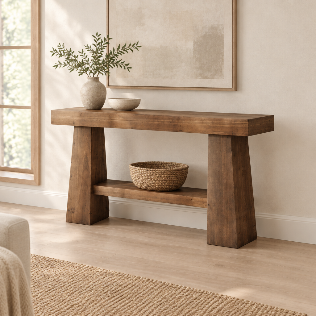 Solid Wood 2-Tier Console Table, Rustic – Natural — living room three-quarter right