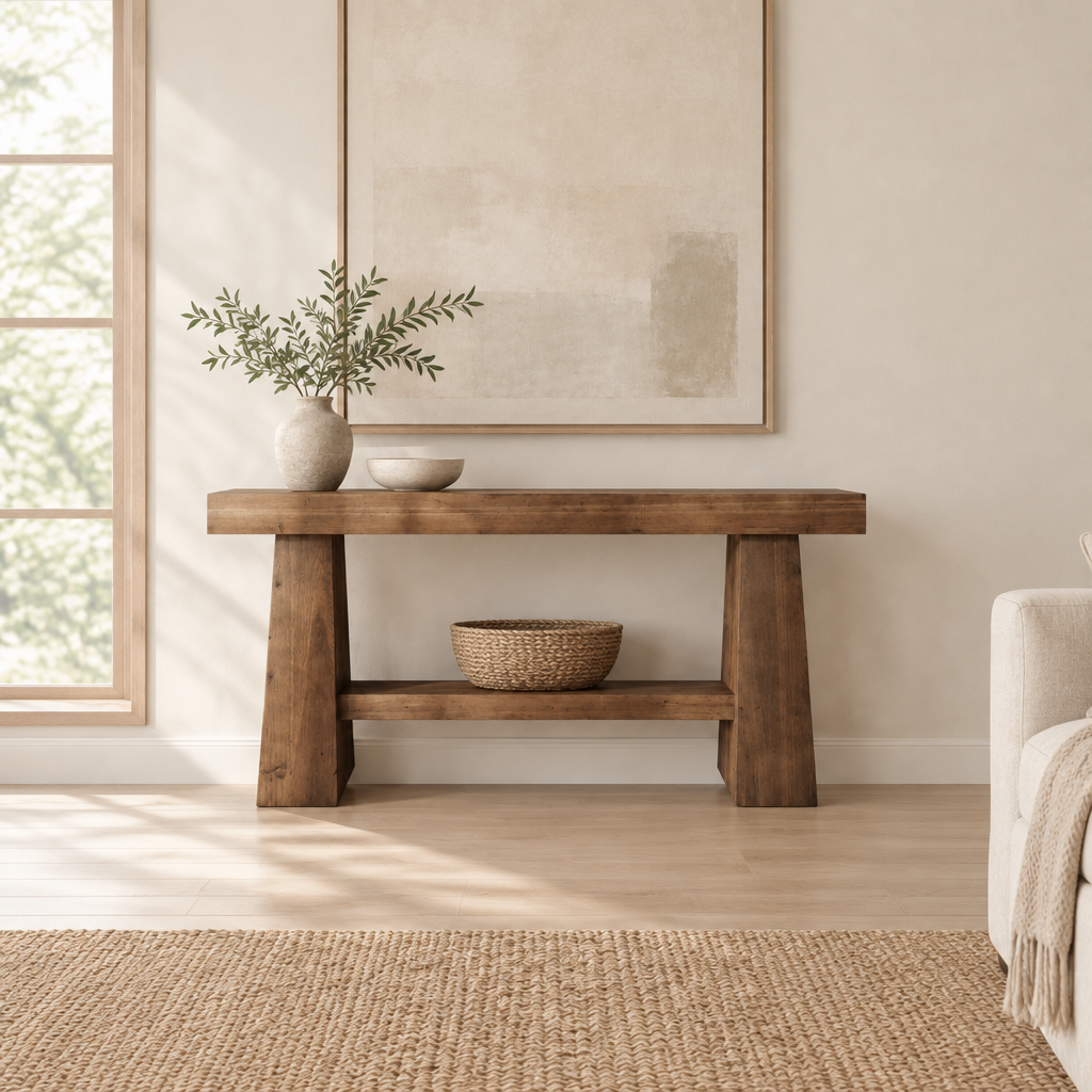 Solid Wood 2-Tier Console Table, Rustic – Natural — living room wide