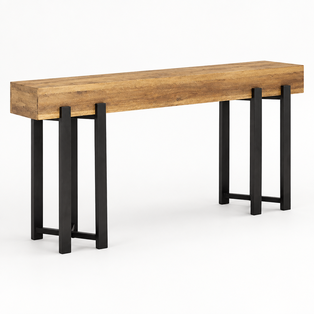 63" Industrial Console Table, Iron Legs – Rustic Brown — studio three-quarter