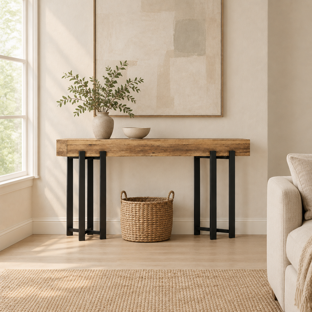63" Industrial Console Table, Iron Legs – Rustic Brown — living room wide
