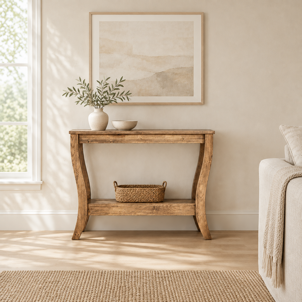 Solid Wood Console Table with Shelf, Farmhouse – Brown — living room wide