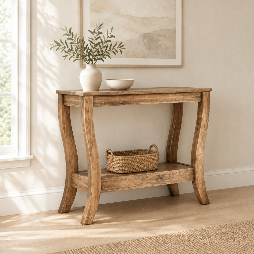 Solid Wood Console Table with Shelf, Farmhouse – Brown — living room three-quarter left
