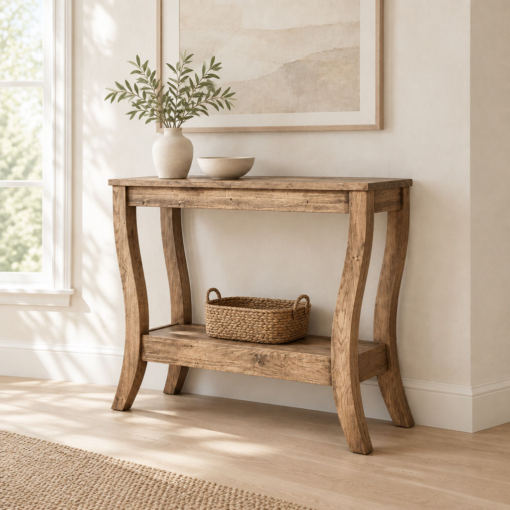 Solid Wood Console Table with Shelf, Farmhouse – Brown — living room three-quarter right