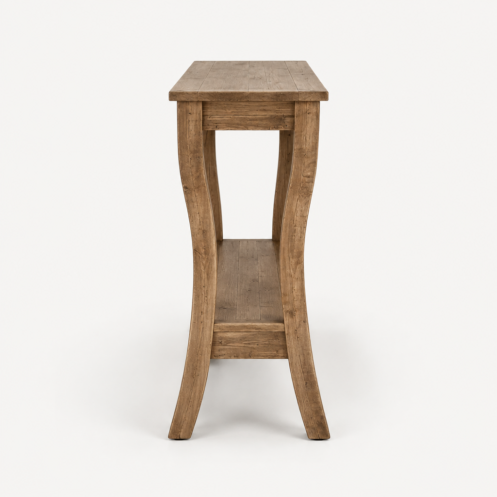 Solid Wood Console Table with Shelf, Farmhouse – Brown — studio side profile