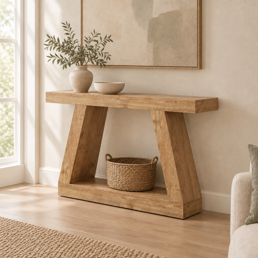 Farmhouse Storage Console Table, Entryway – Natural Wood — living room three-quarter left