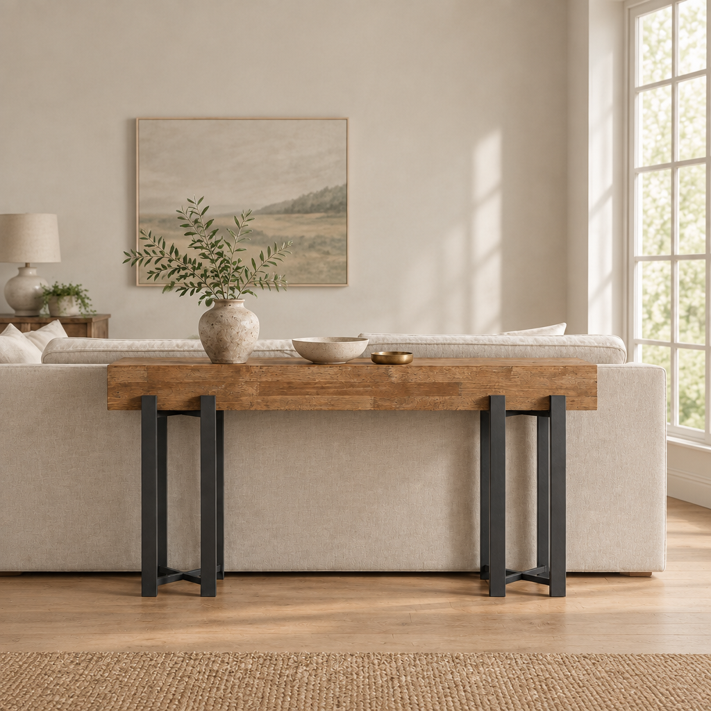 63" Industrial Console Table, Iron Legs – Rustic Brown — living room wide