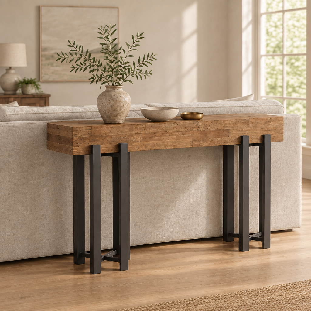 63" Industrial Console Table, Iron Legs – Rustic Brown — living room three-quarter left