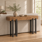 63" Industrial Console Table, Iron Legs – Rustic Brown — living room three-quarter left