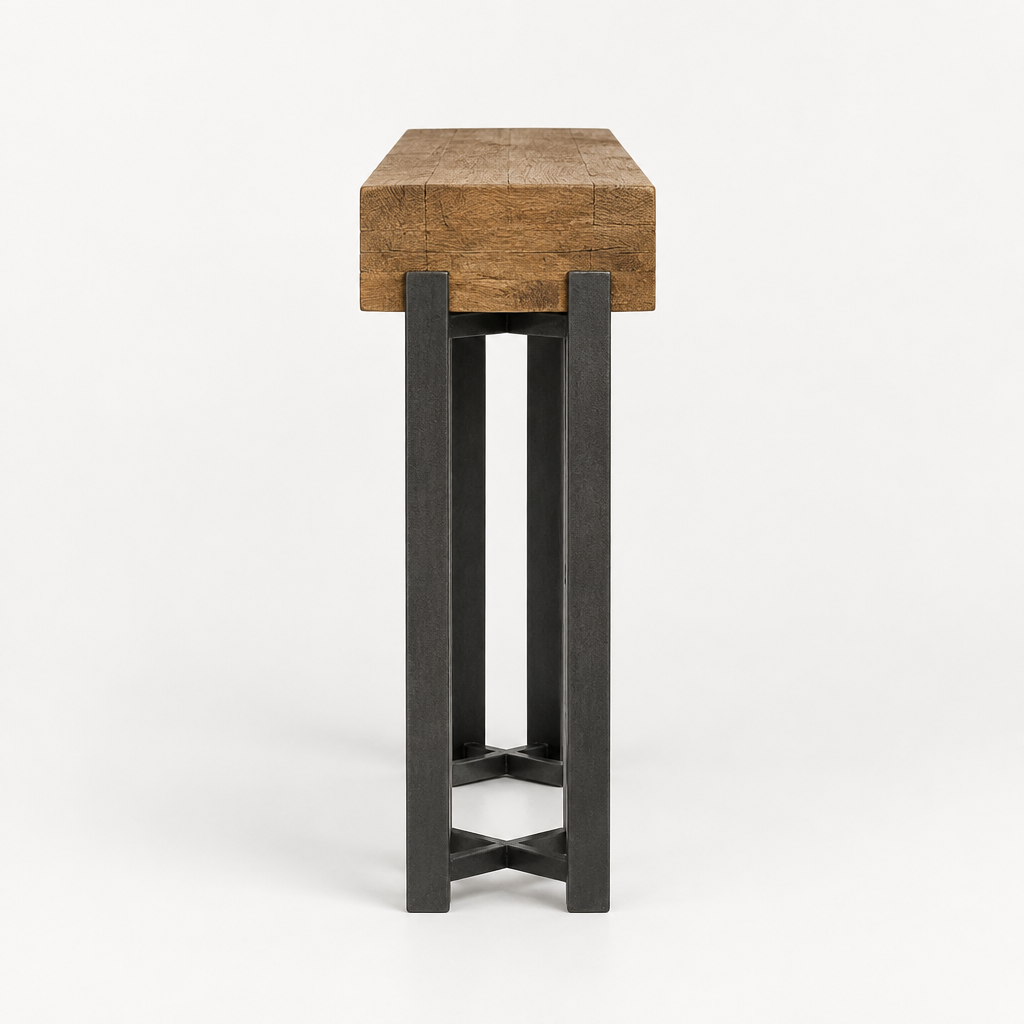 63" Industrial Console Table, Iron Legs – Rustic Brown — studio side profile
