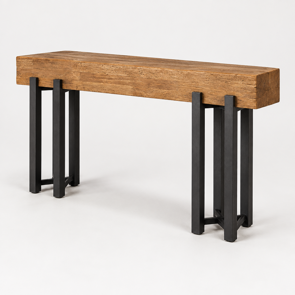 63" Industrial Console Table, Iron Legs – Rustic Brown — studio three-quarter