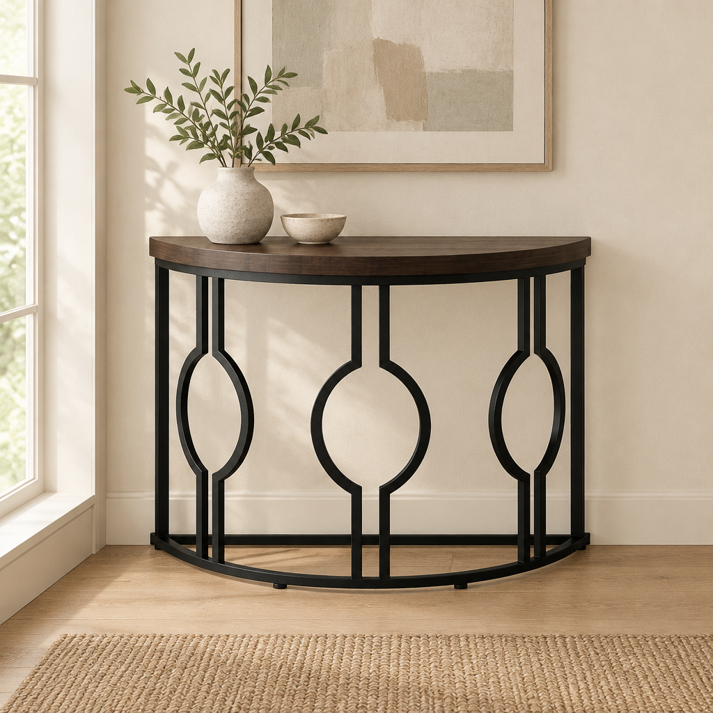 Curved Semi-Circle Console Table, Retro – Dark — living room front